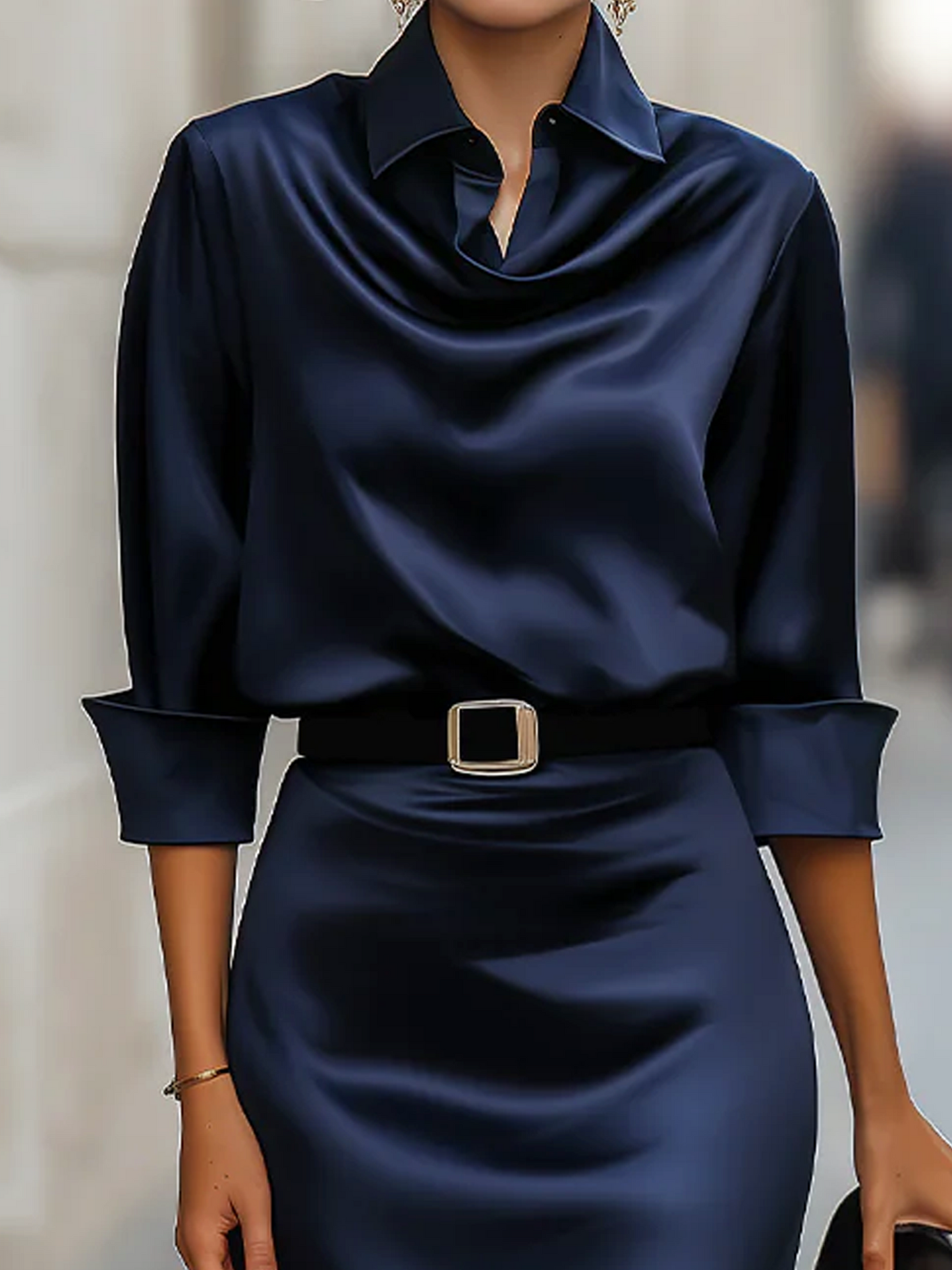 Lunalyn Navy Satin Shirt Collar Midi Dress - Belted Fit