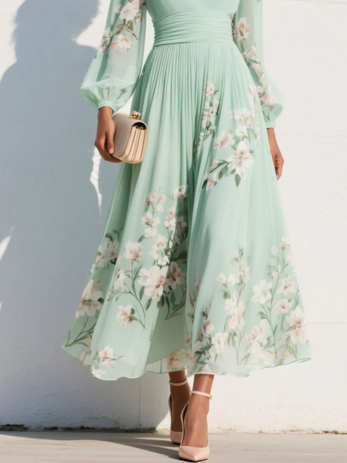 Lunalyn Light Green Floral Midi Dress - Pleated Chiffon Style