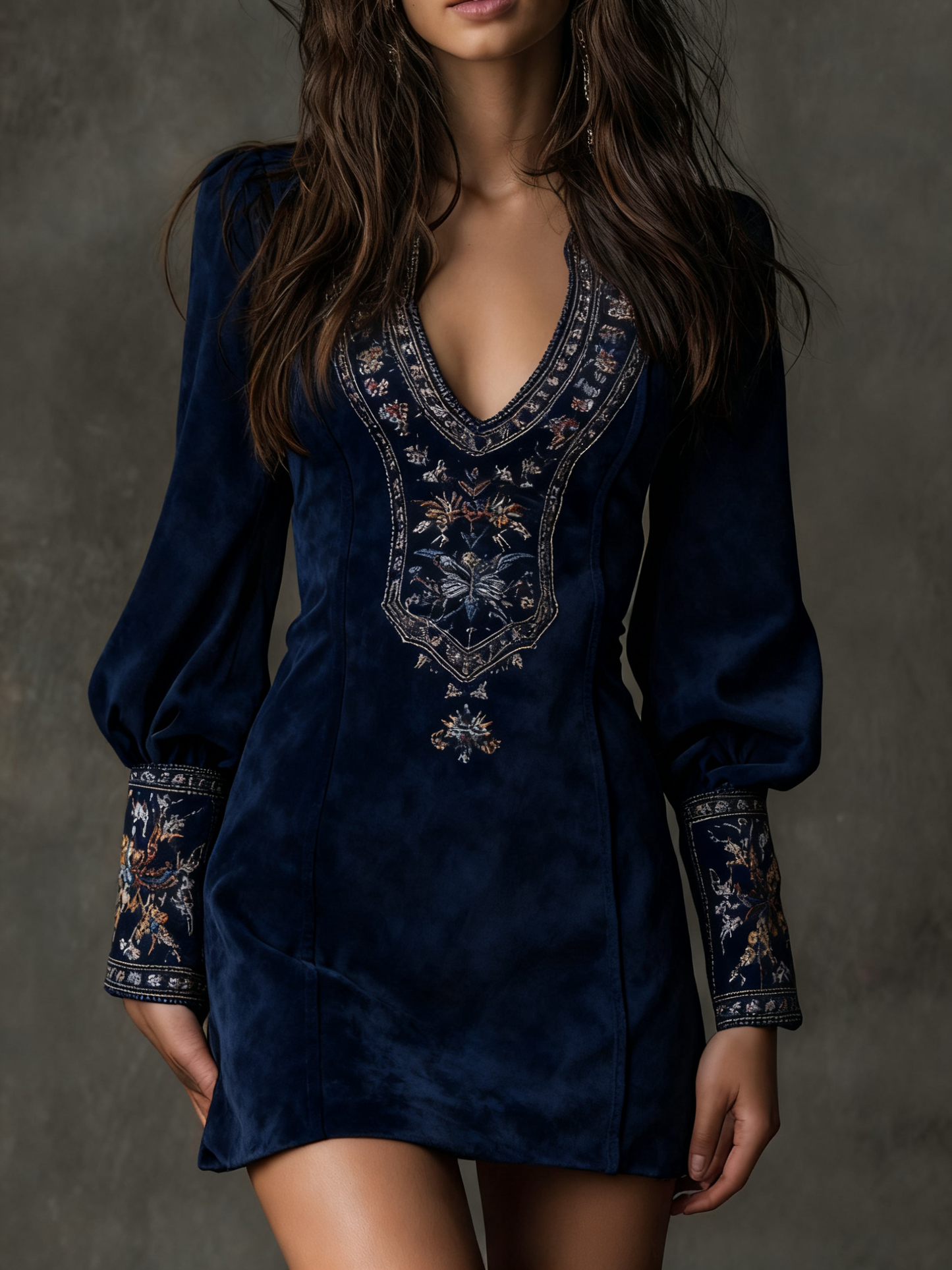 Lunalyn Brown Suede Mini Dress Embroidered V-Neck Puff Sleeve
