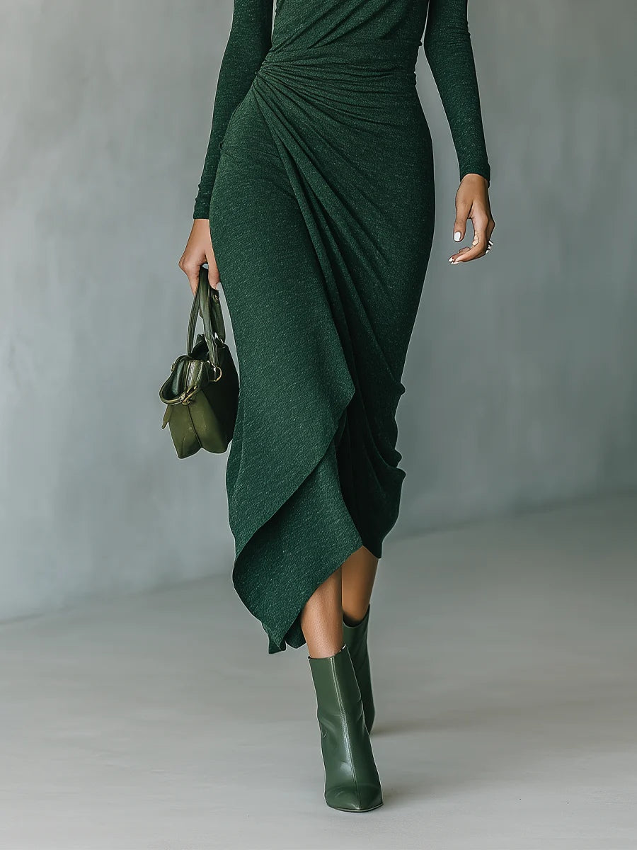 Lunalyn Dark Green Turtleneck Pleated Midi Dress