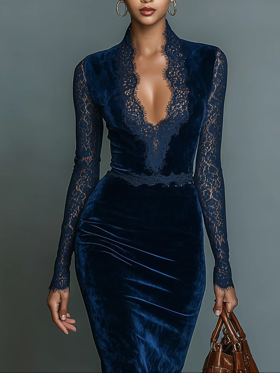 Lunalyn Dark Blue Velvet V-Neck Midi Dress - Slim Fit