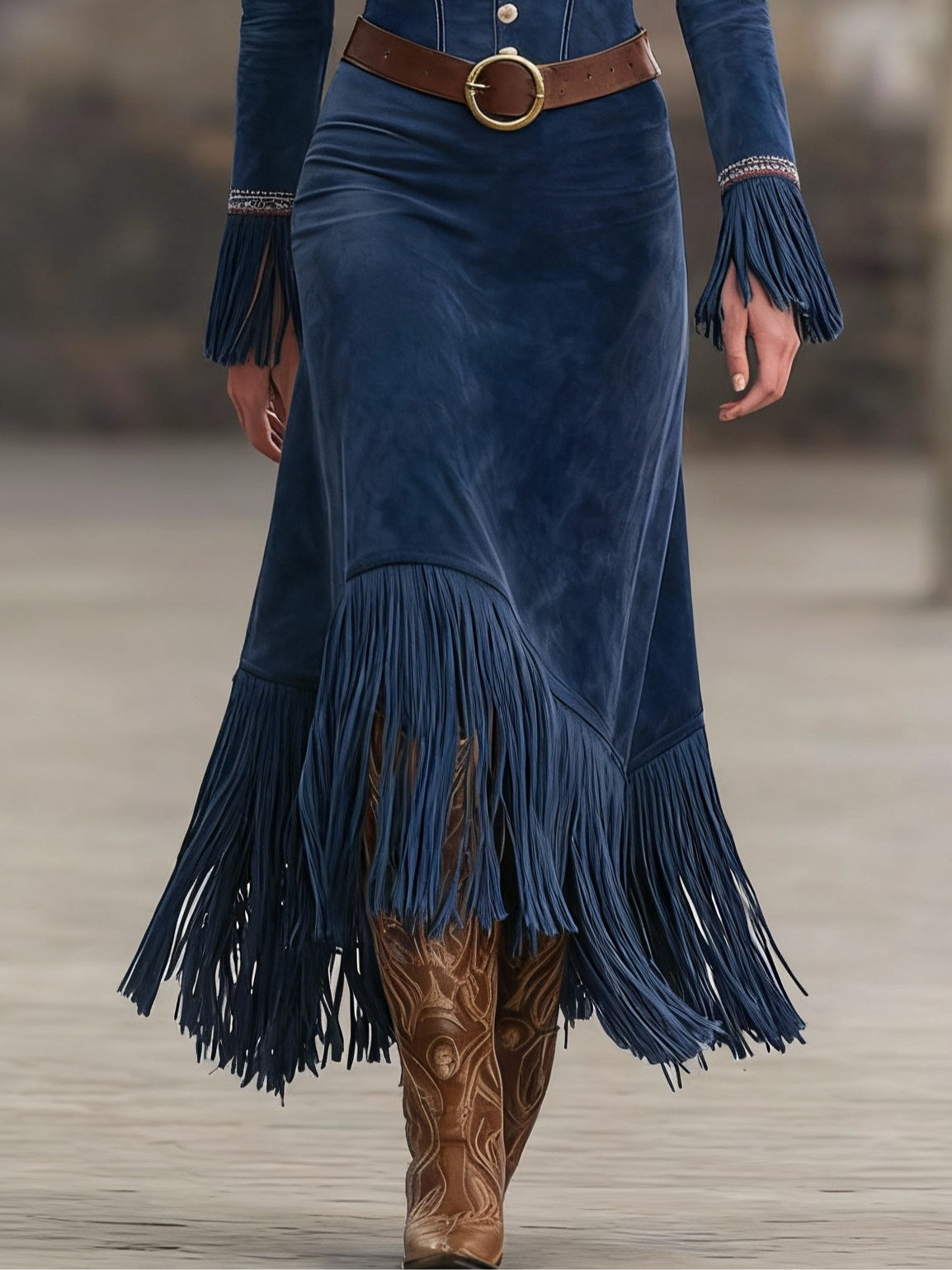 Lunalyn Retro Blue Suede Maxi Dress - Embroidery & Tassel Hem