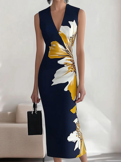 Lunalyn Elegant Printed V-Neck Midi Dress - Chic Floral Party Style
