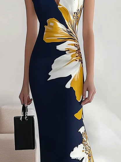 Lunalyn Elegant Printed V-Neck Midi Dress - Chic Floral Party Style
