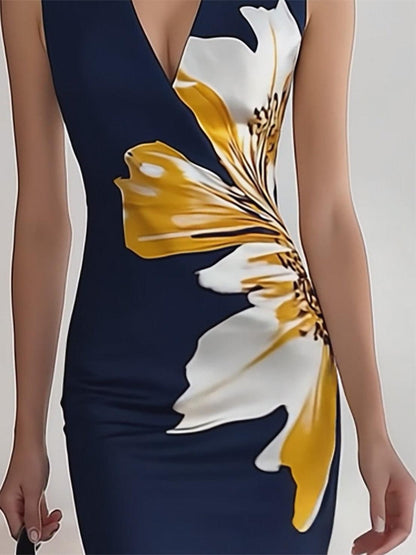Lunalyn Elegant Printed V-Neck Midi Dress - Chic Floral Party Style