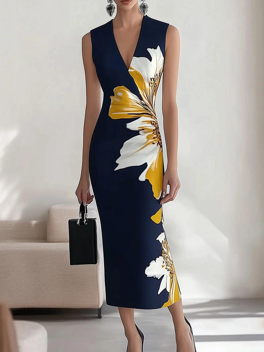 Lunalyn Elegant Printed V-Neck Midi Dress - Chic Floral Party Style