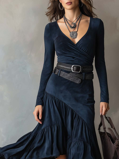 Chicyis Navy Blue Crossover V-Neck Maxi Dress - Elegant Suede Fit - CHICYIS