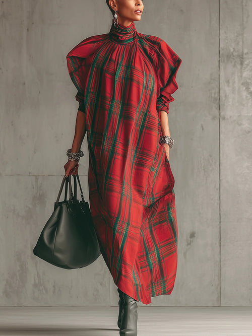 Lunalyn Red Plaid Maxi Dress - High-Neck & Loose-Fitting Fit