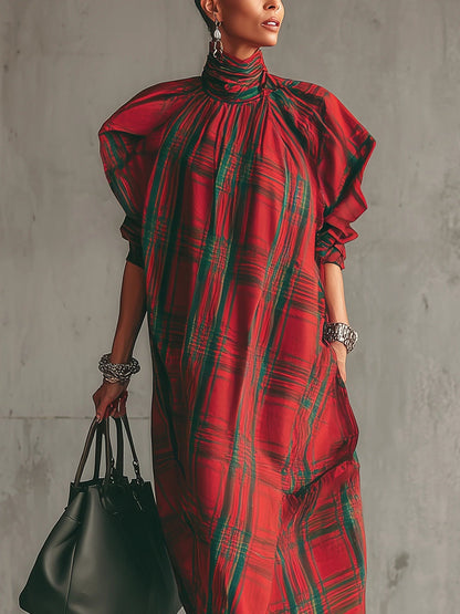 Lunalyn Red Plaid Maxi Dress - High-Neck & Loose-Fitting Fit
