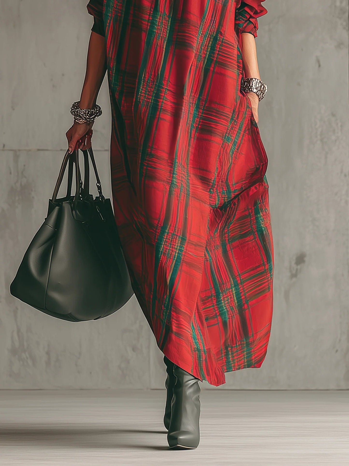Lunalyn Red Plaid Maxi Dress - High-Neck & Loose-Fitting Fit