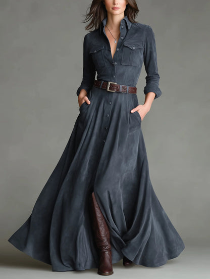 Lunalyn Faux Suede Shirt Collar Maxi Dress - Belted Floor-Length