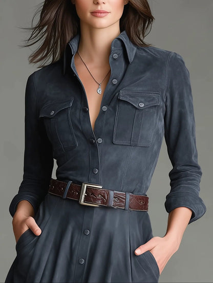 Lunalyn Faux Suede Shirt Collar Maxi Dress - Belted Floor-Length