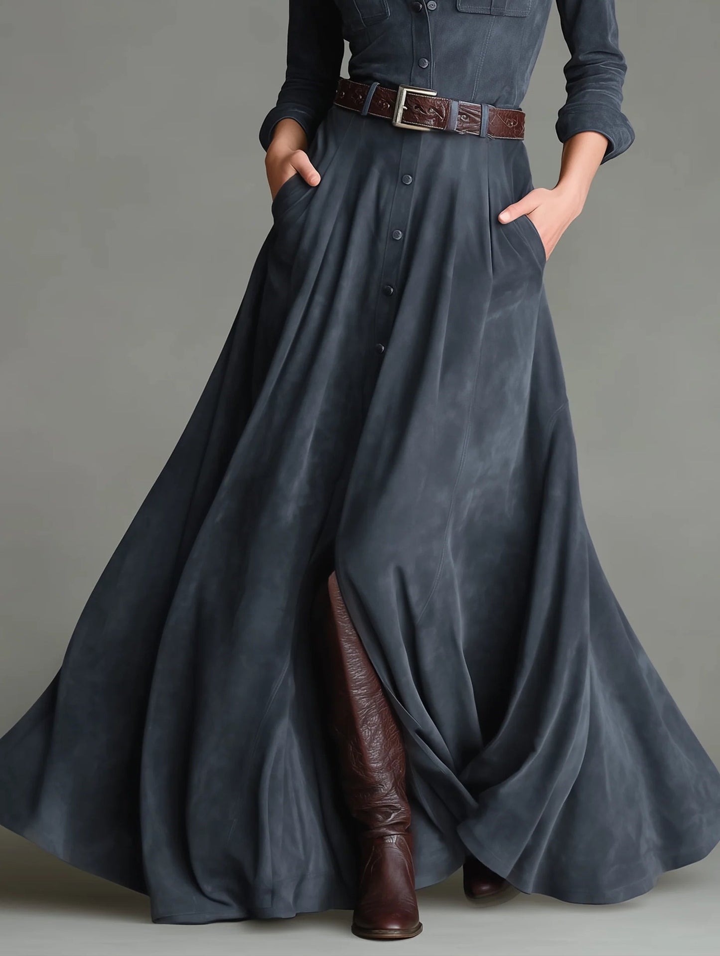 Lunalyn Faux Suede Shirt Collar Maxi Dress - Belted Floor-Length