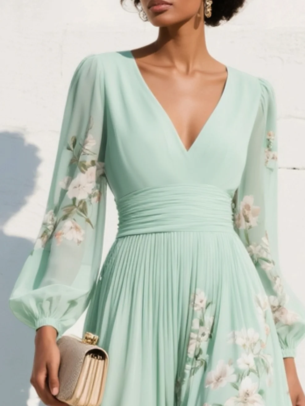 Lunalyn Light Green Floral Midi Dress - Pleated Chiffon Style