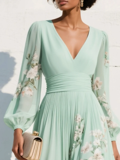 Lunalyn Light Green Floral Midi Dress - Pleated Chiffon Style