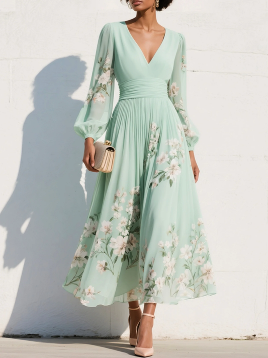 Lunalyn Light Green Floral Midi Dress - Pleated Chiffon Style