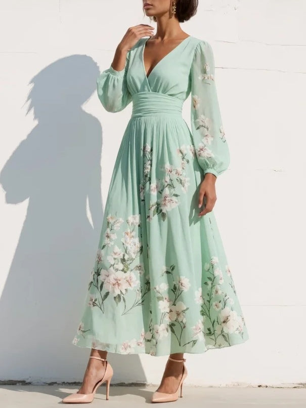 Lunalyn Light Green Floral Midi Dress - Pleated Chiffon Style