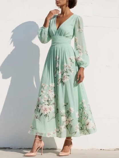 Lunalyn Light Green Floral Midi Dress - Pleated Chiffon Style