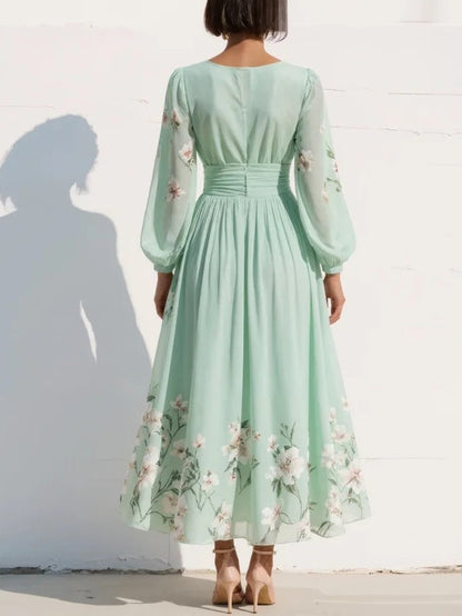 Lunalyn Light Green Floral Midi Dress - Pleated Chiffon Style