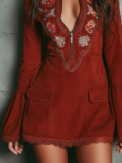 Lunalyn Rust Red Suede Mini Dress Embroidered V-Neck Bell Sleeve
