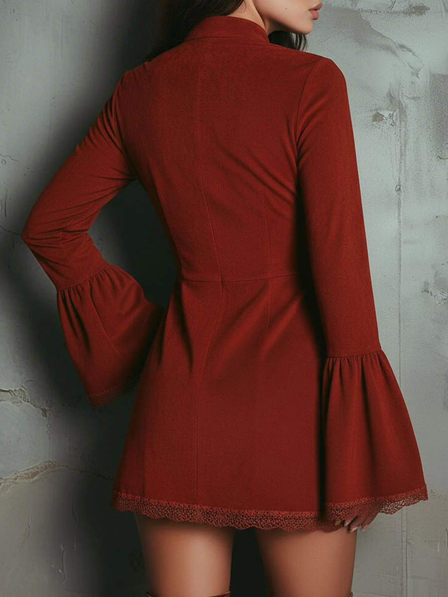 Lunalyn Rust Red Suede Mini Dress Embroidered V-Neck Bell Sleeve