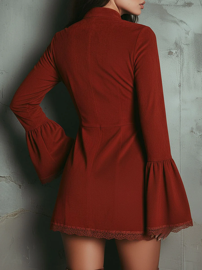 Lunalyn Rust Red Suede Mini Dress Embroidered V-Neck Bell Sleeve