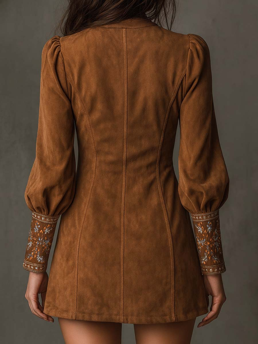 Lunalyn Brown Suede Mini Dress Embroidered V-Neck Puff Sleeve