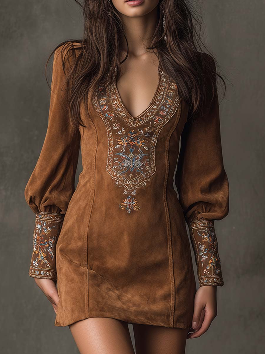Lunalyn Brown Suede Mini Dress Embroidered V-Neck Puff Sleeve