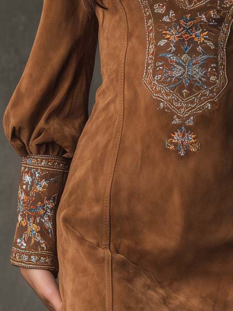 Lunalyn Brown Suede Mini Dress Embroidered V-Neck Puff Sleeve