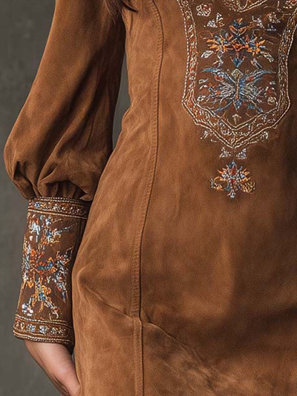 Lunalyn Brown Suede Mini Dress Embroidered V-Neck Puff Sleeve