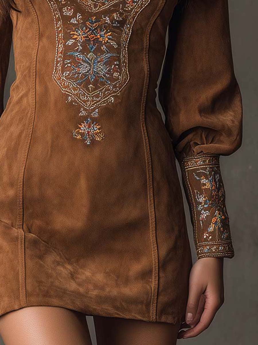 Lunalyn Brown Suede Mini Dress Embroidered V-Neck Puff Sleeve