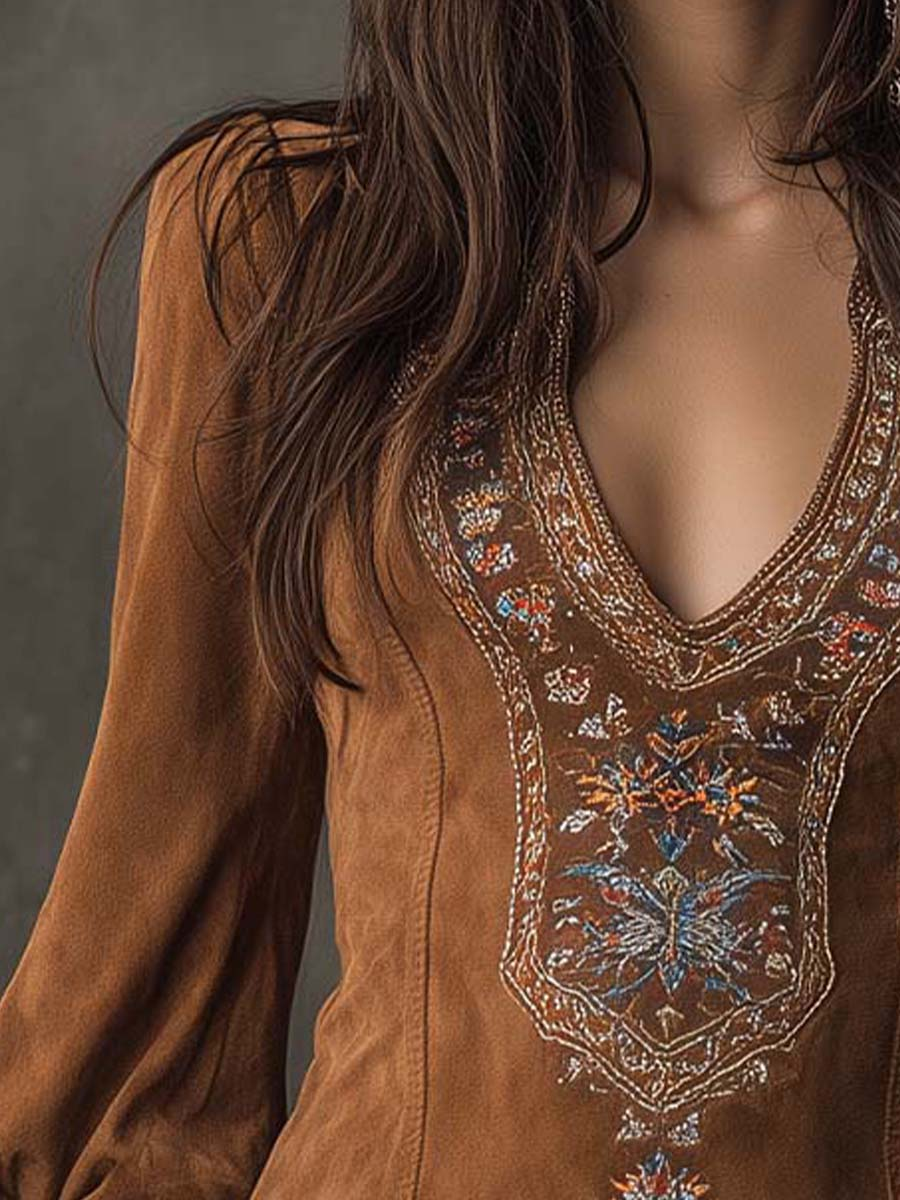 Lunalyn Brown Suede Mini Dress Embroidered V-Neck Puff Sleeve