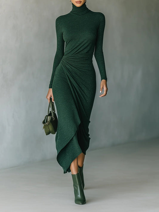 Lunalyn Dark Green Turtleneck Pleated Midi Dress