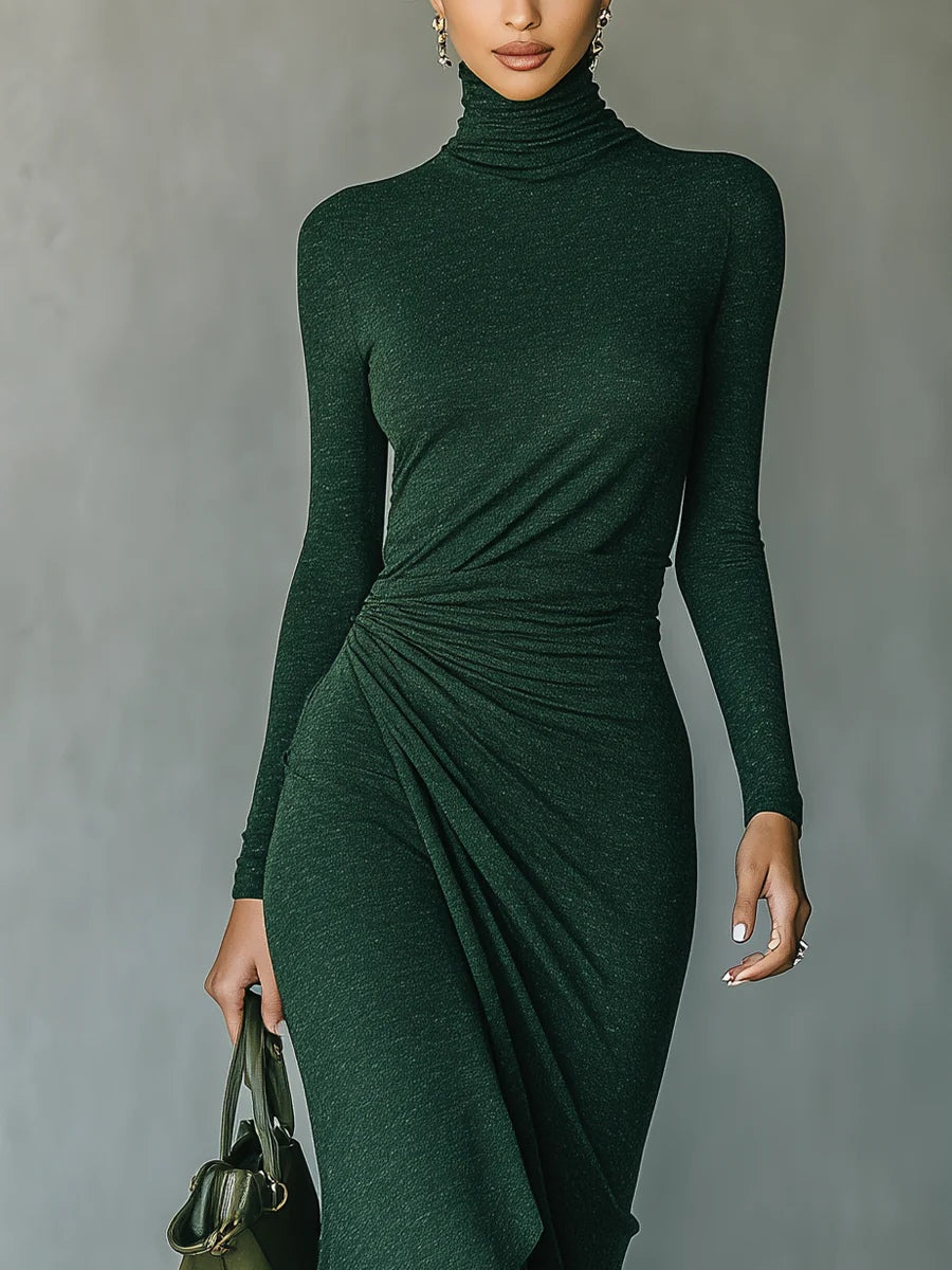Lunalyn Dark Green Turtleneck Pleated Midi Dress