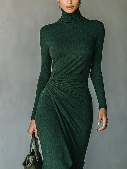 Lunalyn Dark Green Turtleneck Pleated Midi Dress