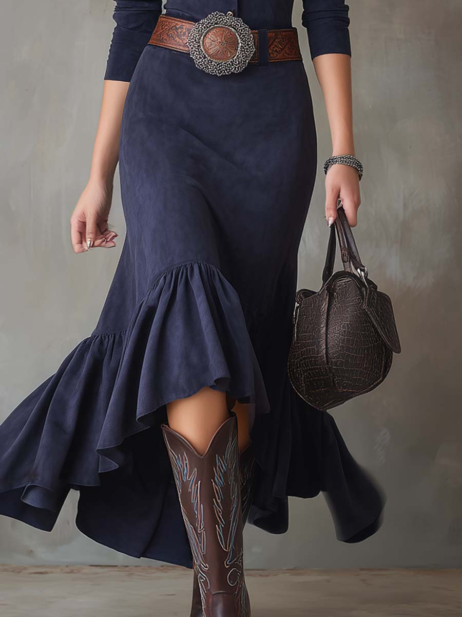 Lunalyn Navy Blue Stand-up Collar Maxi Dress - High-Low Hem