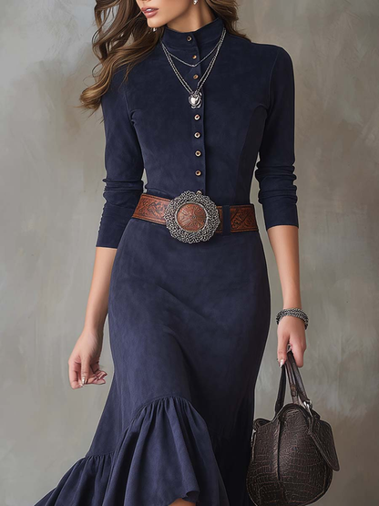Lunalyn Navy Blue Stand-up Collar Maxi Dress - High-Low Hem