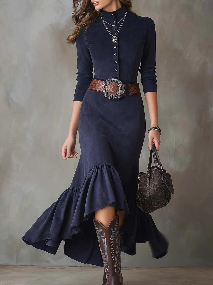Lunalyn Navy Blue Stand-up Collar Maxi Dress - High-Low Hem