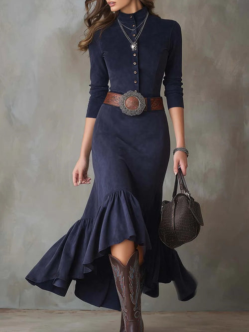Lunalyn Navy Blue Stand-up Collar Maxi Dress - High-Low Hem