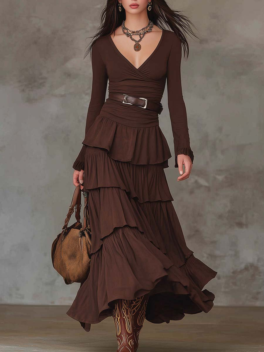 Lunalyn Brown Retro V-Neck Maxi Dress - Multi-Layered Ruffles