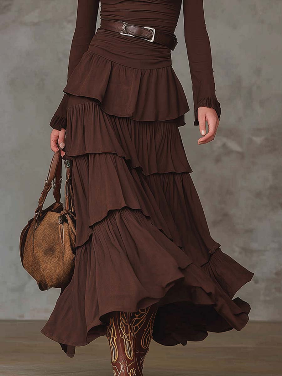 Lunalyn Brown Retro V-Neck Maxi Dress - Multi-Layered Ruffles
