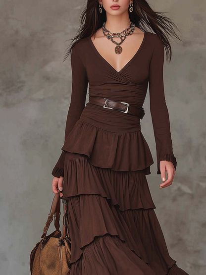 Lunalyn Brown Retro V-Neck Maxi Dress - Multi-Layered Ruffles