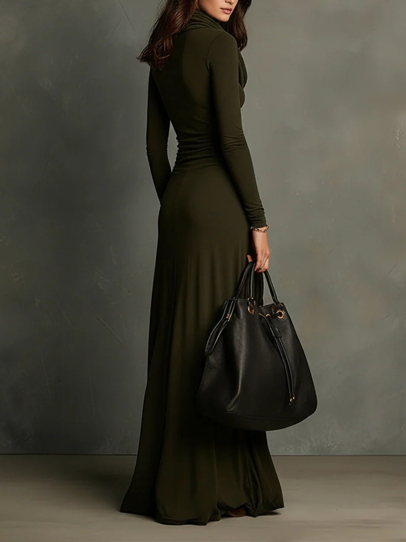 Lunalyn Olive Green Maxi Dress - Cowl Turtleneck & Slim Fit