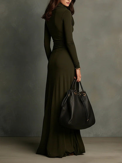 Lunalyn Olive Green Maxi Dress - Cowl Turtleneck & Slim Fit