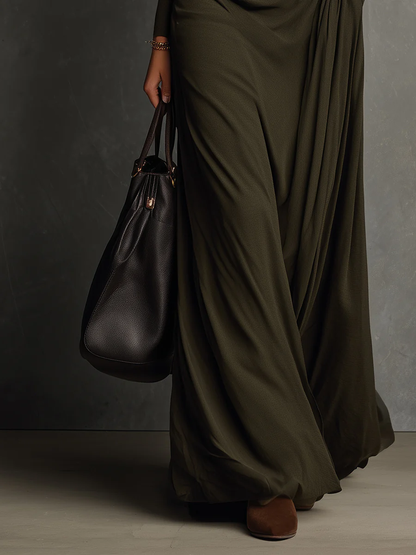 Lunalyn Olive Green Maxi Dress - Cowl Turtleneck & Slim Fit