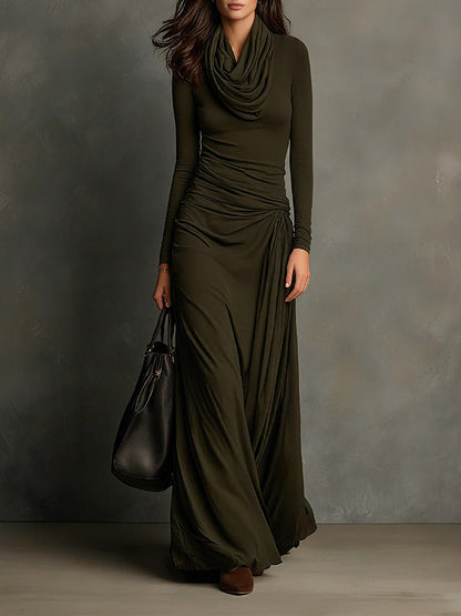 Lunalyn Olive Green Maxi Dress - Cowl Turtleneck & Slim Fit