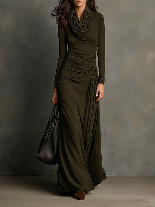 Lunalyn Olive Green Maxi Dress - Cowl Turtleneck & Slim Fit