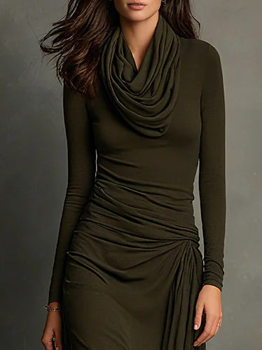 Lunalyn Olive Green Maxi Dress - Cowl Turtleneck & Slim Fit