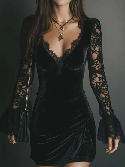 Lunalyn Black Velvet Lace V-Neck Dress Flare Sleeve
