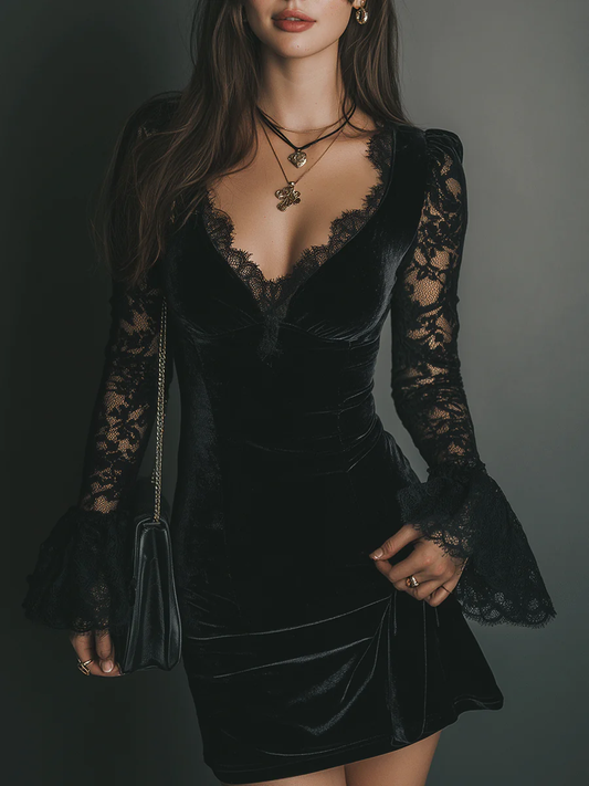 Lunalyn Black Velvet Lace V-Neck Dress Flare Sleeve